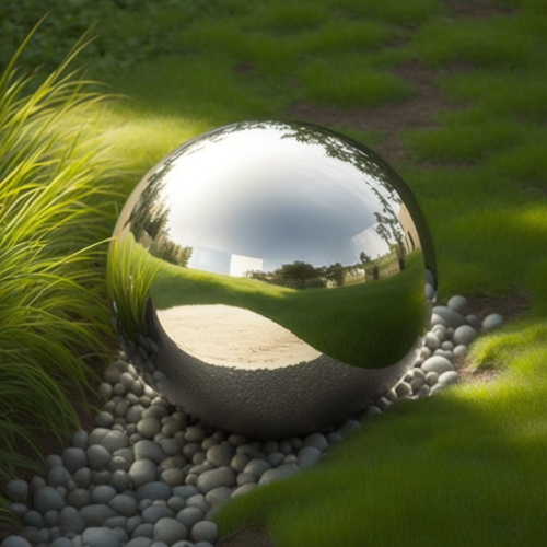 sokol uu stainless steel mirror ball sphere on green grass and  3a1ade89-ad38-43ef-965d-19890d677c15