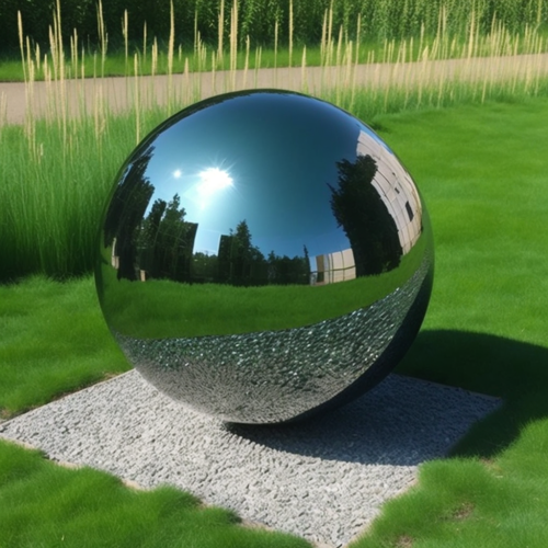 sokol uu stainless steel mirror ball sphere on green grass and  4cc7a78e-9946-4d0c-a80b-11e3d9415e6d